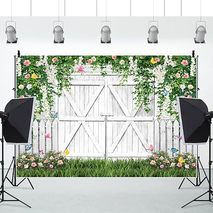 AOFOTO White Barn Door Floral Backdrop 10x6.5ft Spring Garden Background Banner Green Leaves Flowers Butterfly Wooden Door Backdrops Birthday Bridal Shower Wedding Banner Photo Booth Studio Props