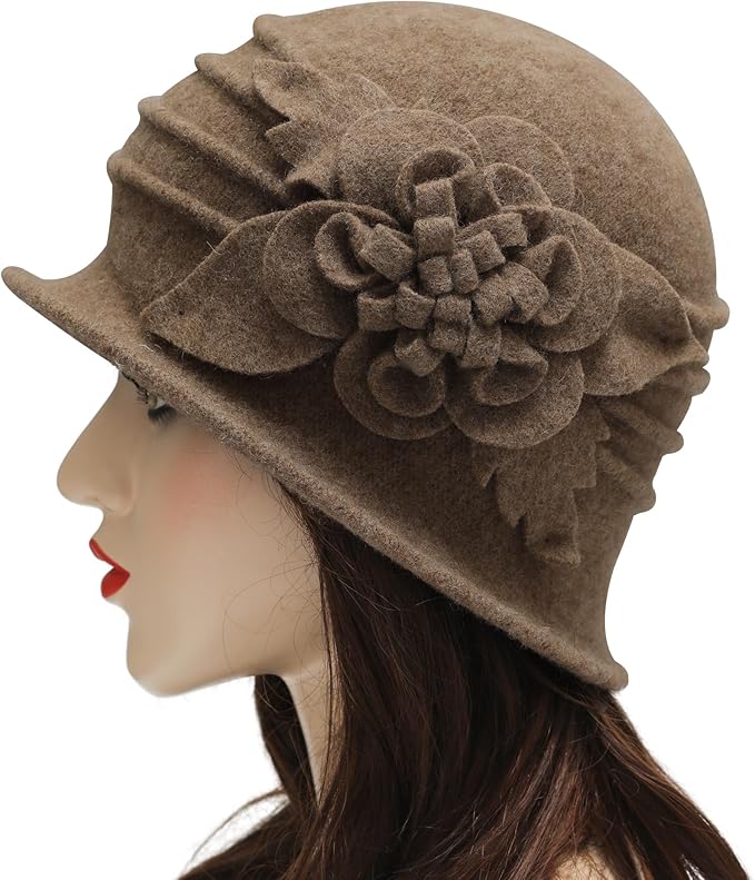 ZLYC Women Wool Cloche Bucket Hat 1920s Vintage Dress Winter Hats with Flower Accent