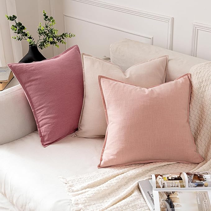 MIULEE Decorative Linen Euro Sham Pillow Covers 24x24 Pink Boho Farmhouse Neutral Couch Throw Pillows for Bed Pack of 2 Accent Modern Pillowcase Sofa Livingroom Home Decor
