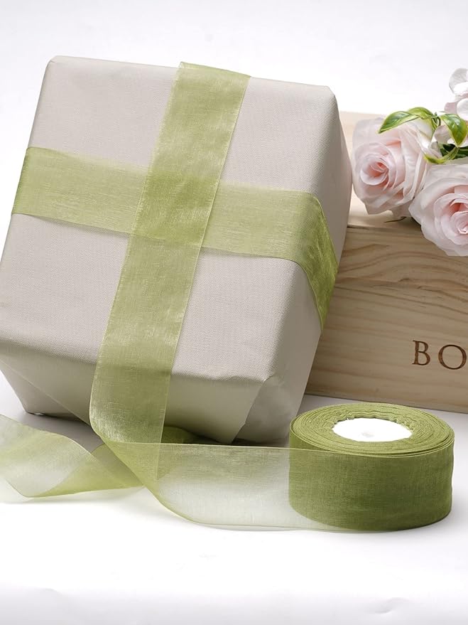 Sage Green Organza Ribbon for Gift Wrapping, FAKILO 2 Inch Shimmer Sheer Wrapping Ribbon for Bouquet, Wedding, Christmas Gift - 50 Yards Each Roll