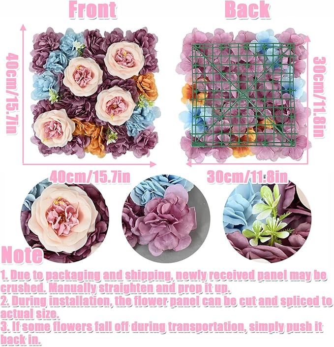 Flower Wall Backdrop, 12PCS 10.6"-15.7" Artificial Flower Wall Panel with Various Styles, 3D Floral Wall Decor for Wedding Photo Background Festive Party Home Decoration (I003, 15.7 * 15.7in)