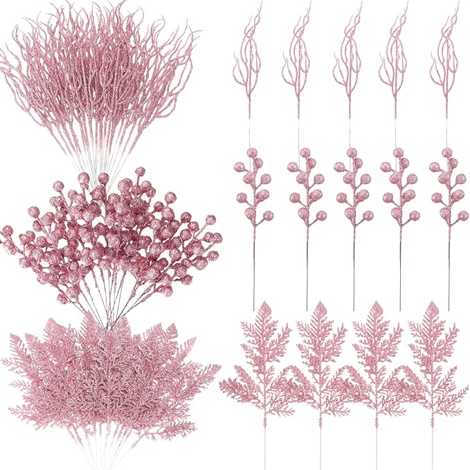 75 Pcs Christmas Glitter Branches 3 Styles Artificial Christmas Picks Berries Stems Pine Needles Floral Twig Spray for Xmas Tree Ornaments DIY Wreath Garland(Pink)