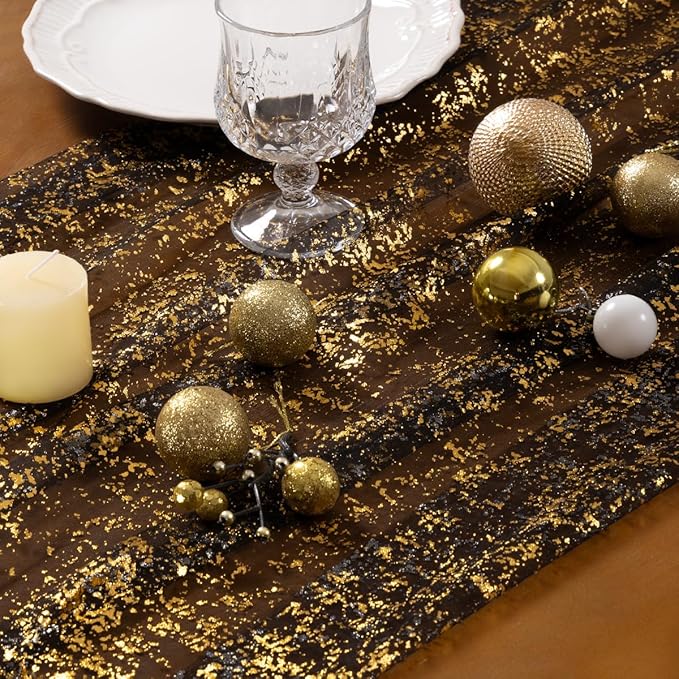 Socomi Gold Black Table Runner Christmas Gauze Sheer Chiffon Cheesecloth Sequin 10FT Glitter Metallic Foil Dining Wedding Birthday Party Fall Winter Anniversary Holiday Centerpiece Table Decor Black