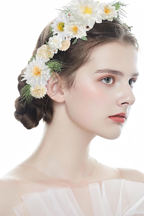 Artificial Flowers Heads Combo White Flowers Mix Silk Flowers Heads Bulk Faux Rose for Craft Garland Graduation Cap Wedding Bridal Baby Shower Home Party Decoration DIY Cake Decor