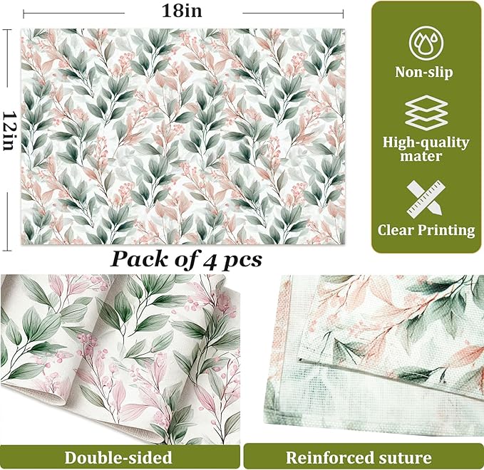 Linen Fabric Watercolor Botanical Placemats Set of 4 - Non-Slip Table Mats for Dining, Elegant Pink Berries & Green Leaves Design, Heat-Resistant Kitchen Decor, Farmhouse & Modern Home Décor