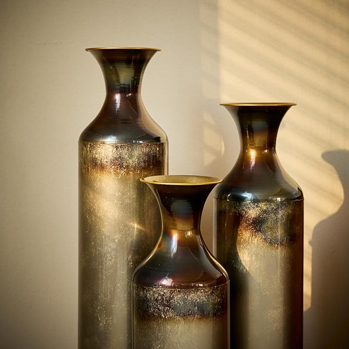 Metal Tall Floor Vases Set of 3, Hand-Forged Burnt Finish Rustic Floor Vase for Home Decor, 28.34 24.4 20.4 Inch Tall Decorative Vases for Farmhouse Industrial Living Room