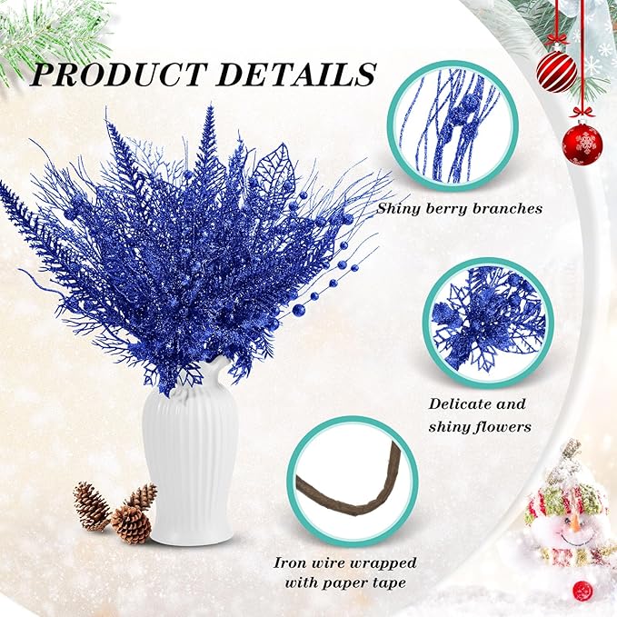 30 Pcs Artificial Christmas Tree Picks and Sprays Glitter Berry Stem Branches Holly Floral Picks Twigs Christmas Tree Ornaments for DIY Xmas Wreath Vase Filler Decorations(Royal Blue)