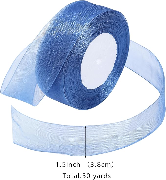Blue Ribbon for Gift Wrapping 1-1/2 inch Sheer Organza Ribbon for Flower Bouquet Tulle Chiffon Ribbons for Wedding Invitations Christmas Decorations Crafts 50 Yards