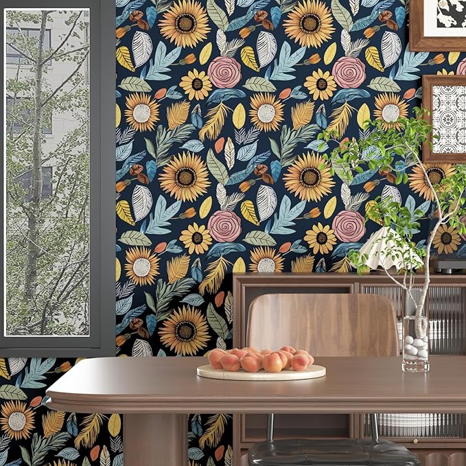Blue Wallpaper Peel and Stick,Vintage Boho Floral Contact Paper, 17.5" x 393.7" Retro Paisley Flower Botanical Wall Paper Self Adhesive Removable Waterproof for Bathroom Shelves Cabinet Table Decor