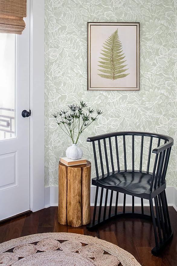 Peel and Stick Wallpaper Modern Wall Paper Boho Contact Paper Bedroom Bathroom Wallpaper Peel and Stick Light Green Tropical Leaf Removable Self-Adhesive Wall Decor 17.3" x 394"