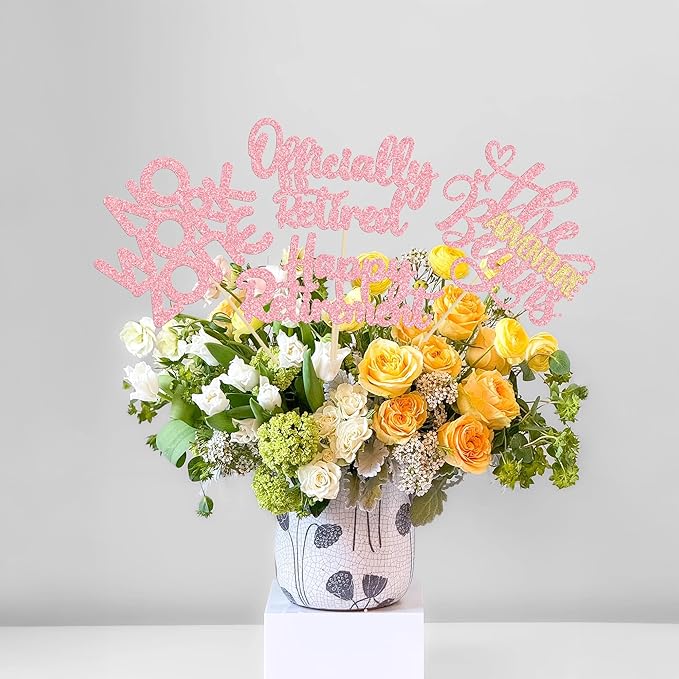 Ephlyn 16Pcs Happy Retirement Centerpiece Sticks Officially Retired Table Flower Centerpieces Sticks No Work Zone Floral Decorations for Farewell Birthday Party Centerpieces Supplies Pink