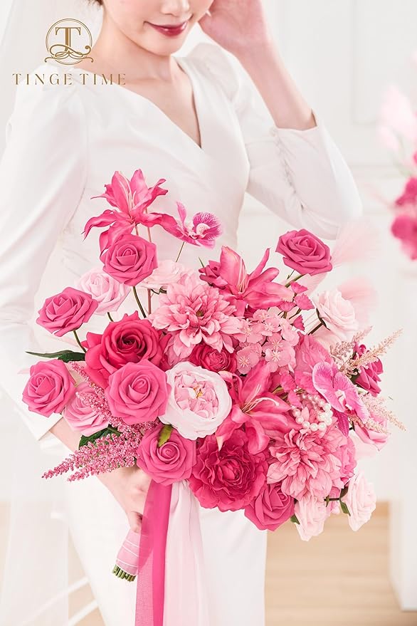 TINGE TIME 17 Inch Artificial Bridal Bouquet Realistic Silk Wedding Bouquet, Durable Fake Flowers for Brides, Bridesmaids, Home Decor, and Events (Hot Pink)