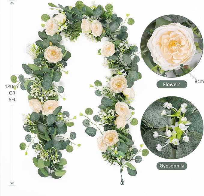 TOCHGREEN 4 Pack 24Ft Artificial Eucalyptus Flower Garland with Champagne Roses, Fake Rose Flower Greenery Garland Floral Vines for Wedding Home Party Table Runner Decor (4PCS, Champagne)