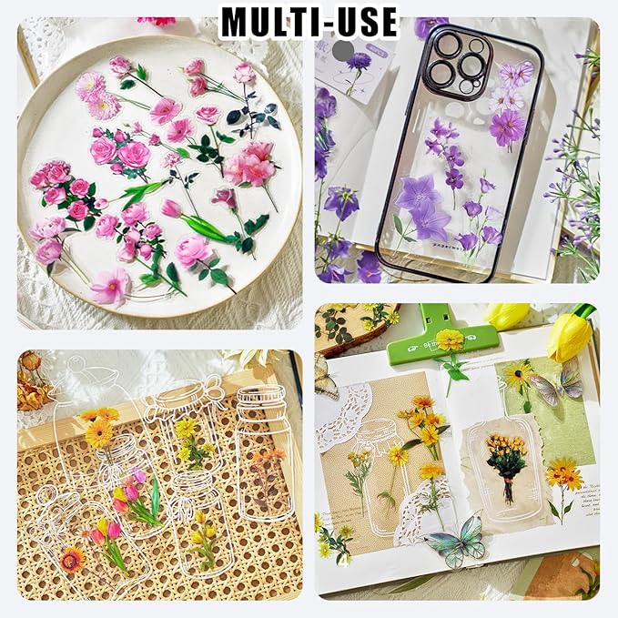 320 Pieces Pressed Flower Themed Stickers Set Floral Elements Transparent Natural Flower Stickers for Scrapbooking Junk Journal Planner Laptops