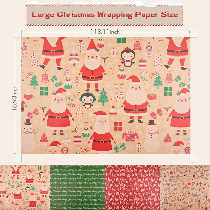 Happypapa Christmas Wrapping Paper, Kraft Xmas Wrapping Paper Rolls - Santa Claus, Gift, Reindeer and Merry Christmas Pattern - 4 Rolls - 17 Inch × 120 Inch Per Roll