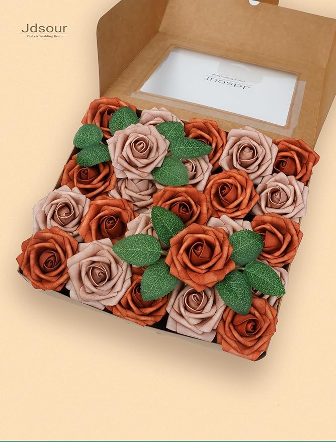 50pcs Artificial Flower，Real Touch Foam Roses w/Stem DIY for Wedding Bouquet Centerpieces Party Shower Home Decor-Burnt Orange Taupe