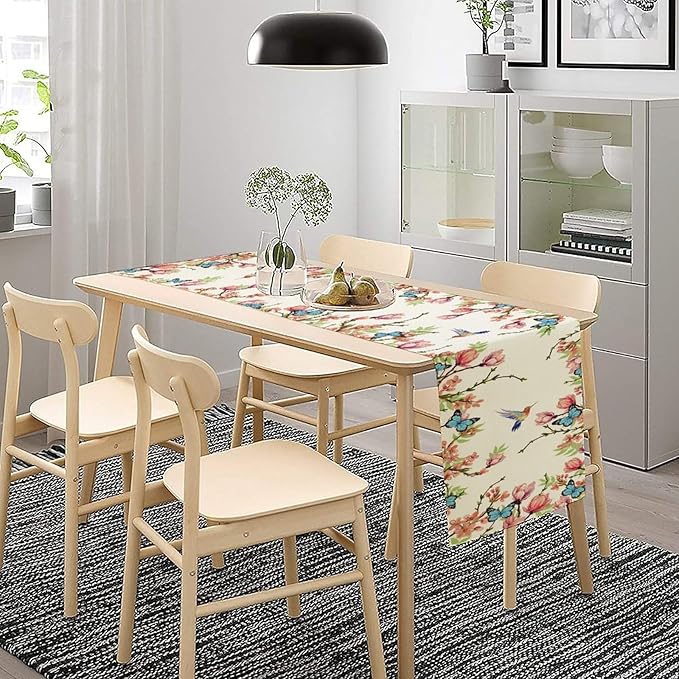Floral Butterfly Table Runner Seasonal Spring Flower Bird Table Decoration Table Runner for Home Party Decoration 13x108 Inch