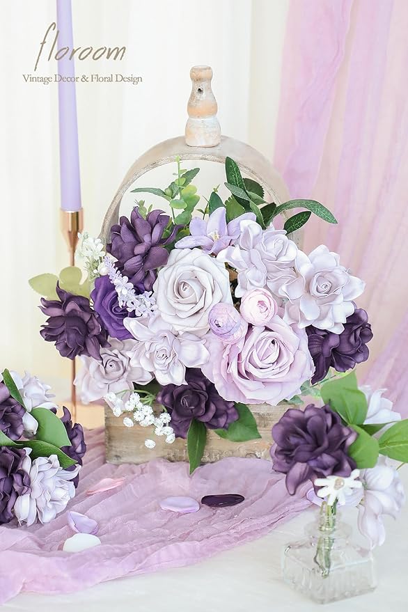 Floroom Artificial Gardenia Flowers 2.7" 25pcs Real Looking Lilac & Purple Foam Fake Flowers with Stems for DIY Wedding Bouquets Bridal Shower Centerpieces Floral Arrangements Party Tables Decorations