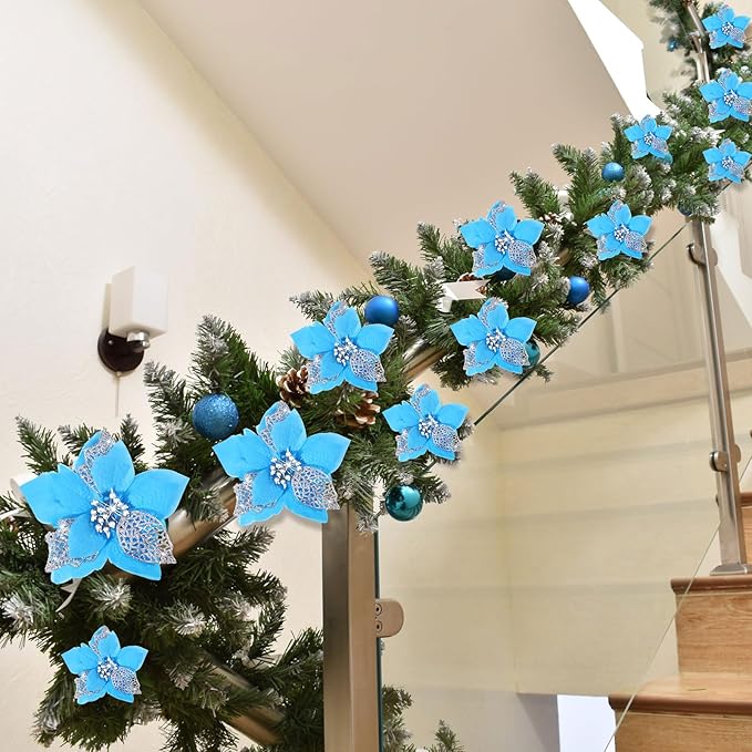 Boao 24 Pieces Christmas Artificial Glitter Poinsettia Flowers Xmas Flowers Wedding Christmas Tree New Year Ornaments(Lake Blue)