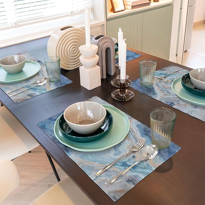 Placemats 4 pcs Marble Double-Layer Imitation Linen Place Mats Non-Slip Heat-Resistant Tablemats for Home Restaurant Hotel 18×12 Inch