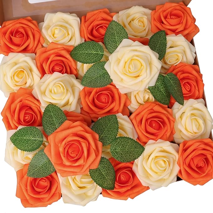 50pcs Artificial Flower，Real Touch Foam Roses w/Stem DIY for Wedding Bouquet Centerpieces Party Shower Home Decor-Yellow Orange