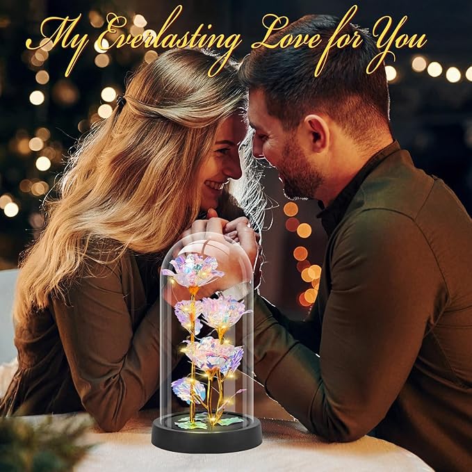 Mothers Day Glass Rose Gifts for Mom Women, Rose Flower Birthday Gifts for Women Mom Wife Girlfriend, Light Up Rose in A Glass Dome, Rose Gifts for Valentines, Mothers Day, Womens Day (Colorful)