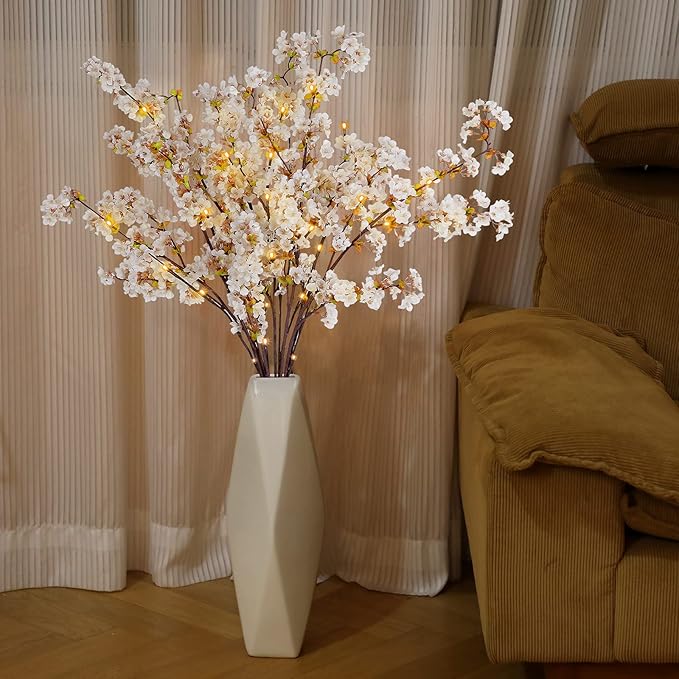 Sunm Boutique 3 PCS Silk Cherry Blossom Branches, Lighted Brown Twig Branches, Artificial White Cherry Blossom Flower, Cherry Blossom Stems Decor Faux Cherry Blossom Tree for Wedding Home Decor, 39'