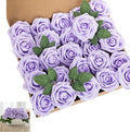 Artificial Flower Foam Rose 25pcs Real Looking Fake Rose with Stems Leaves for Home Decoration Party Garden Centerpieces DIY Wedding Bouquets（Violet）