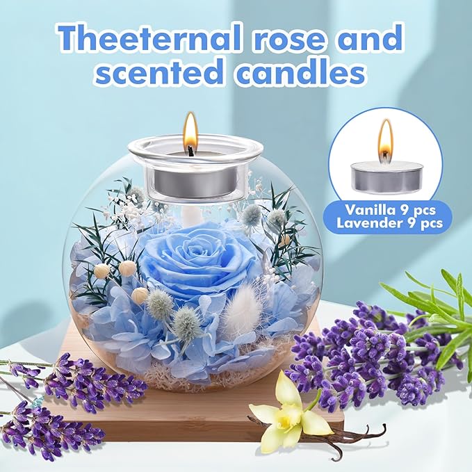 Christmas Birthday Gifts for Women Preserved Roses in Glass Dome with Scented - Romantic Preserved Flower for Women, Girlfriend, Wife, Mom, Grandma, Sister, Her-Blue