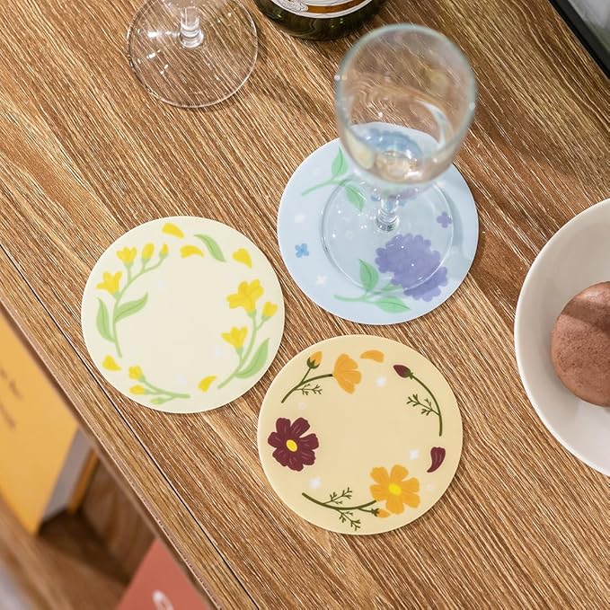 FLT Silicone Colorful Coaster Set of 3, Non-Slip Drink Mat, Cute and Unique Printed Design (Made in Korea) (Pastel - Vase)