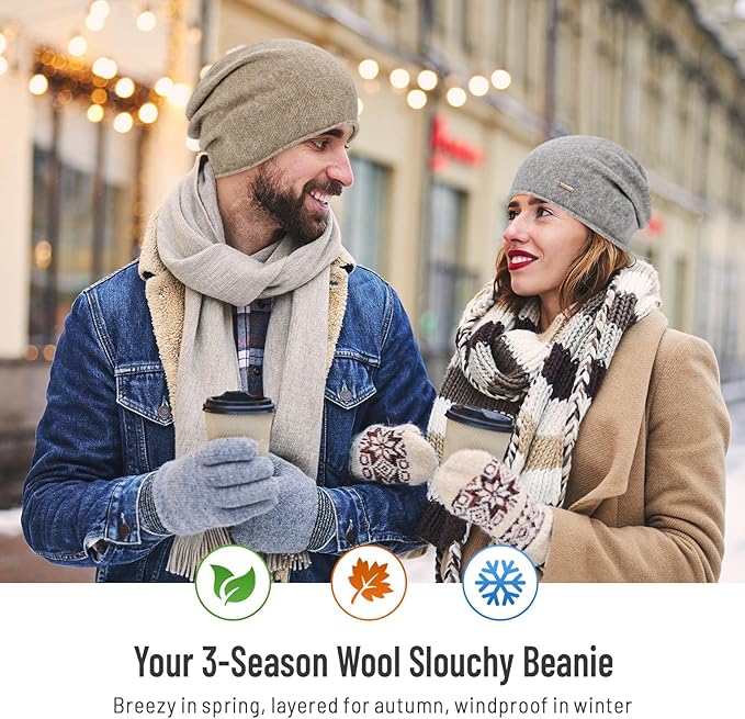 100% Wool Slouchy Beanie, Warm Beanie Hats for Women Breathable Knitting Skull Beanies Cap for Spring Fall Winter