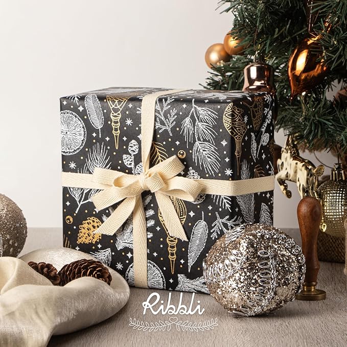 Ribbli Christmas Wrapping Paper Vintage Black with Gold Foil Gift Wrapping Paper Rolls -17 Inch x 33 Feet Per roll
