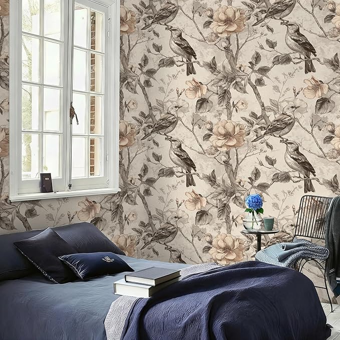 Vintage Animal Peel and Stick Contact Paper Beige Bird Removable Botanical Leaf Tree Wallpaper 17.7" x 118.11" Wall Paper Watercolor Self Adhesive for Classroom Bedroom Laundry Room Bathroom