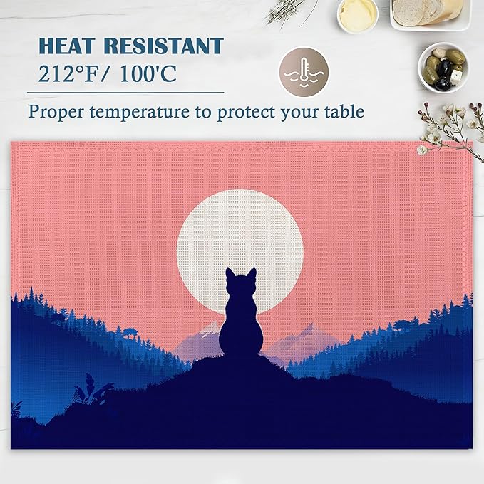 Placemats-Calm Cat On Hilltop Linen Table Place Mats Set of 4 Non-Slip Heat Resistant Table Mats for Dining Kitchen Cabin Decor 12x18 Inch