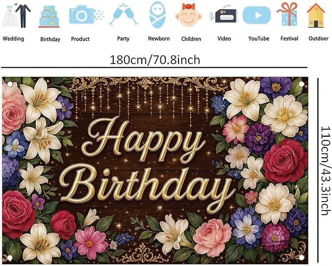 Rustic Wooden Gold Letter Happy Birthday Backdrop Banner for Women Girls Flowers Photography Background Decoration Wedding Baby Shower Decor Photo Booth Studio Props Supplies 6x4ft