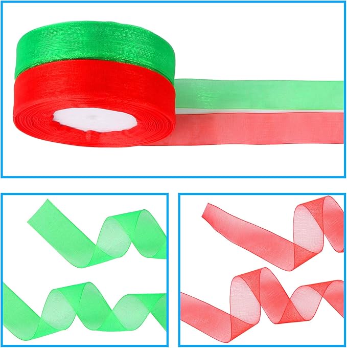 DECYOOL 8 Rolls 300 Yards Christmas Ribbons Metallic Glitter Fabric Organza Holiday Festival Ribbons 4/5" Wide for Gift Wrapping Decoration