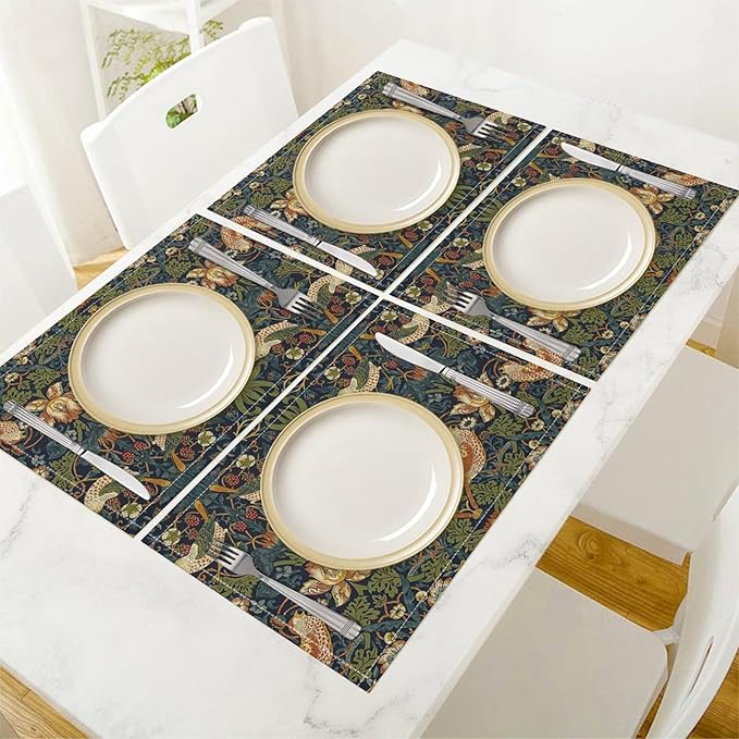 William Morris Floral Placemats Set of 4, Vintage Flower Strawberry Birds Green Place Mats, Heat Resistant Non Slip Cotton Linen Dining Table Mats for Home Kitchen Party 18x12 Inch