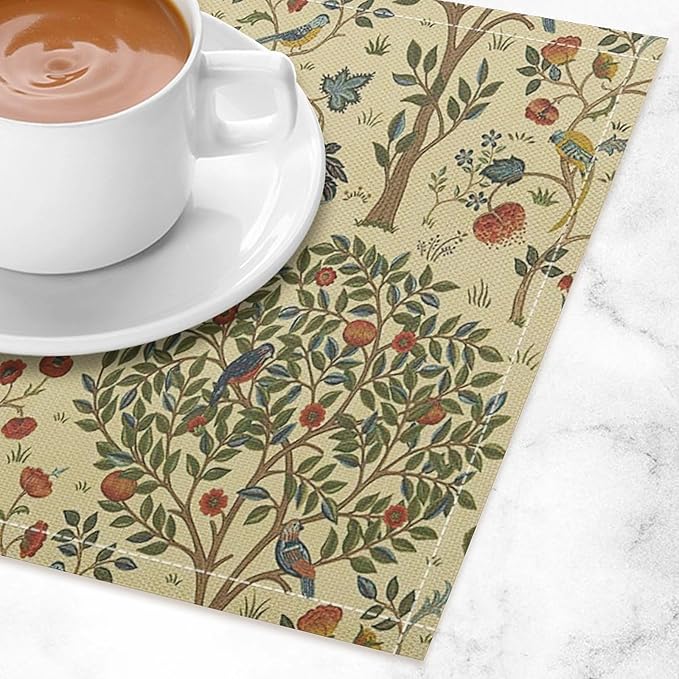 Vintage Trees Placemats Set of 4, William Morris Retro Boho Botanical Plant Birds Place Mats, Heat Resistant Non Slip Cotton Linen Dining Table Mats for Home Kitchen Party 18x12 Inch