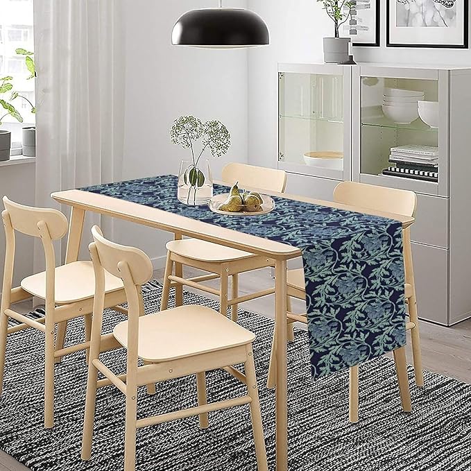 Vintage William Morris Table Runner, Retro Blue Floral Botanical Plant Farmhouse Design Table Runner for Kitchen Dining Party Holiday Decortaion, 13x120 Inch