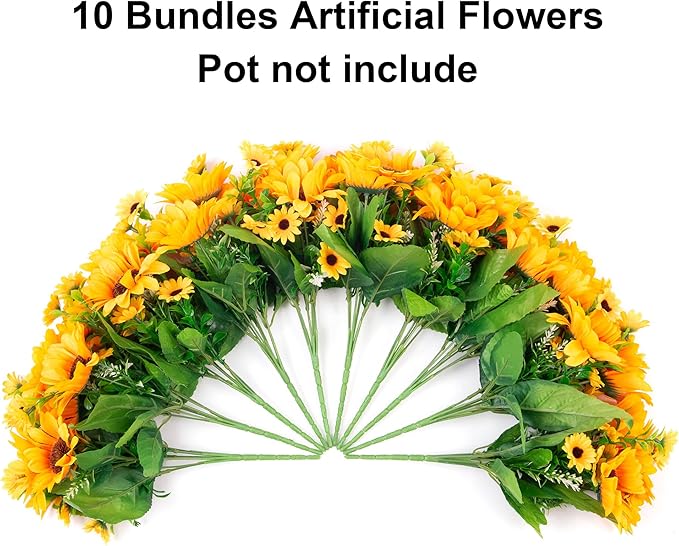 Sunflowers Artificial Flowers, 10 Bunches Fake Sunflower Artificial Flowers for Outdoors Spring Summer Decoration Look Real UV Resistant Fake Flowers for Home Porch Garden Wedding Party Office Indoor