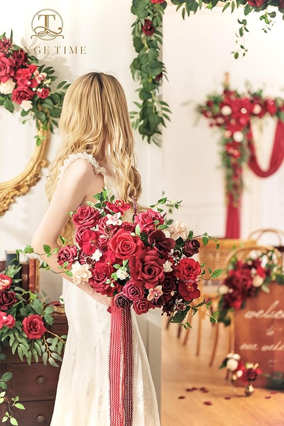 TINGE TIME 17 Inch Artificial Bridal Bouquet Realistic Silk Wedding Bouquet, Durable Fake Flowers for Brides, Bridesmaids, Home Decor, and Events (Burgundy Red)