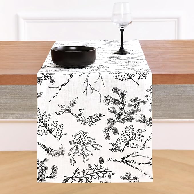 Solino Home 100% Pure Linen Christmas Table Runner 108 Inch Long - Black/White Table Runner 14 x 108 Inch - Handcrafted and Machine Washable - Winter Forest Print