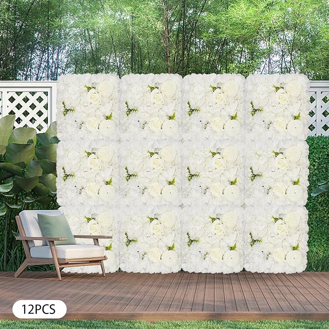 15"x 15" Artificial Flower Wall Panels, Silk Flower Panels for Outdoor Garden Backyard Fence Privacy Screen and Indoor Wall Decor (12 Pcs White, Style 2)