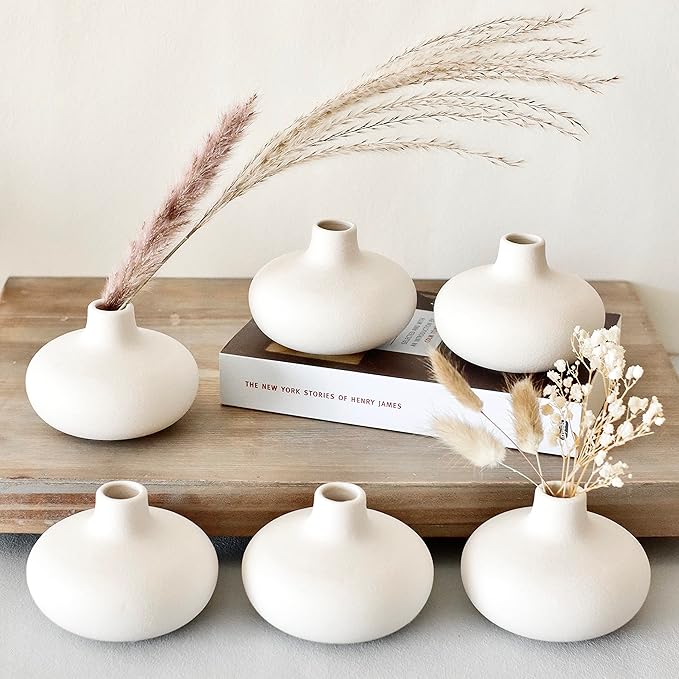 Carrot's Den - Set of 6 Nordic Minimalist White Ceramic Donut Bud Vases for Decor | Modern Boho Vases for Dry Flowers + House Plants | Wedding, Bookshelf, Home Decor, Coffee Table, Centerpiece (White)