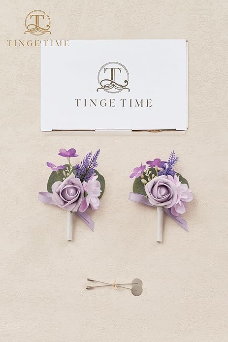 TINGE TIME Lavender Boutonniere for Men Wedding, Set of 2, Groom Groomsmen Boutineers Decor for Ceremony Anniversary, Formal Dinner Homecoming and Rustic Vintage Wedding