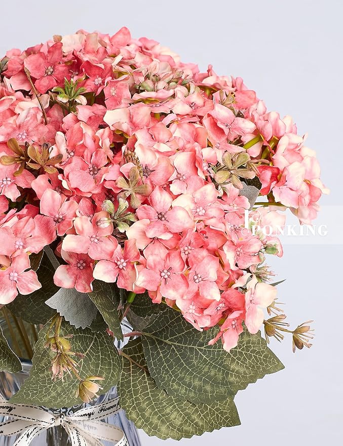 Hydrangea Artificial Flower 3pcs Realistic Faux Silk Hydrangeas Fake Flowers Bouquets Arrangements Decor for Wedding Spring Mother's Day, Home Table Decorations, Sunset Pink Flower