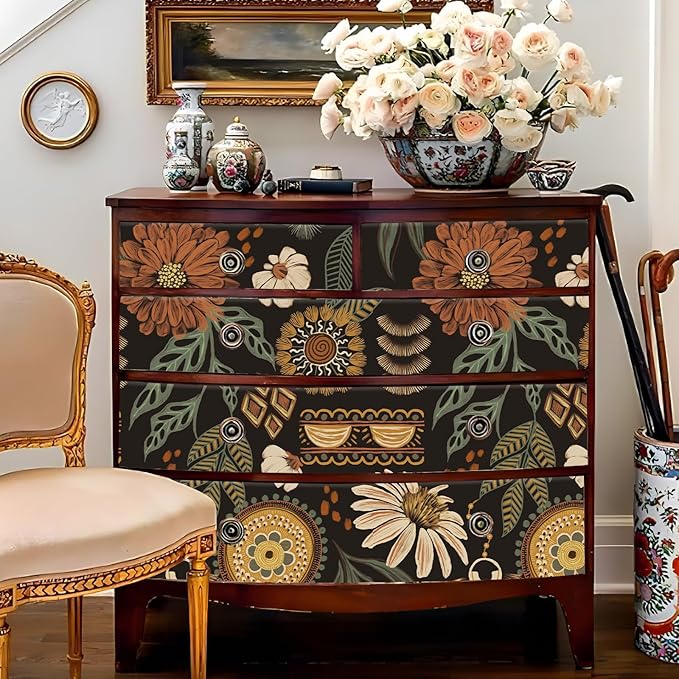 JiffDiff Boho Wallpaper Peel and Stick 17.3" x 400" Vintage Sun Floral Retro Removable Contact Paper Dark Botanical Flowers Bathroom Bedroom Renter Friendly Wall Mural