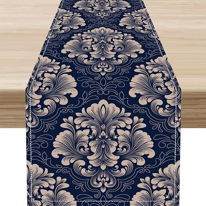 Vintage Damask Table Runner, Blue Classical Luxury Old Fashioned Damask Royal Victorian Flora Print Table Center Decor for Family Kitchen Table Decorations Indoor Outdoor 13x72 inch