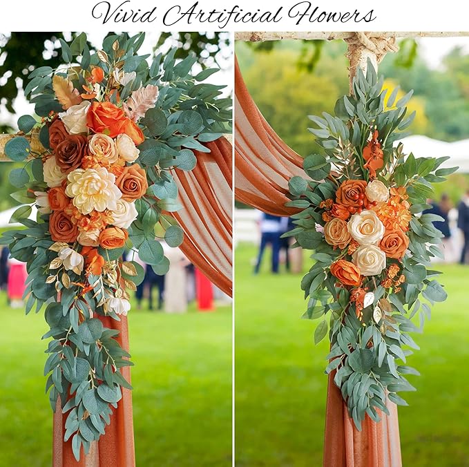 ponatia Artificial Wedding Arch Flowers Kit(Pack of 3) with 26Ft Shiny Wedding Arch Draping Fabric, Arch Flowers for Wedding Ceremony and Reception Backdrop Wedding Decoration (Burnt Orange)