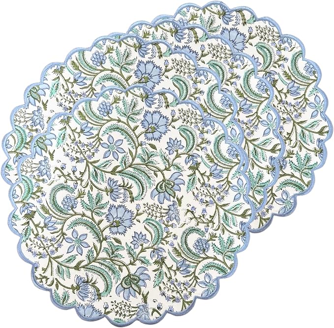 Ridhi Columbia Blue, Turquoise Green Bo-ho Round Place Mat Easter Floral Cotton Washable Placemats 15" Round Embroidery Block Print Table Mat Pack of 4-15 Inch Round